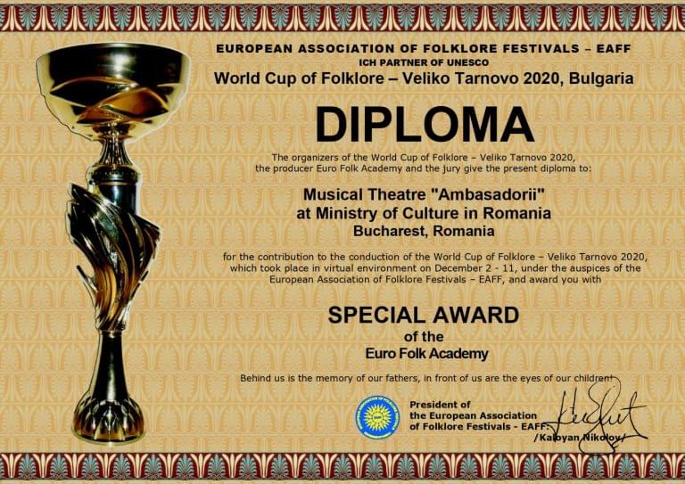 35-diploma3 TEATRUL MUZICAL AMBASADORII, distins cu premii importante la WORLD CUP OF FOLKLORE